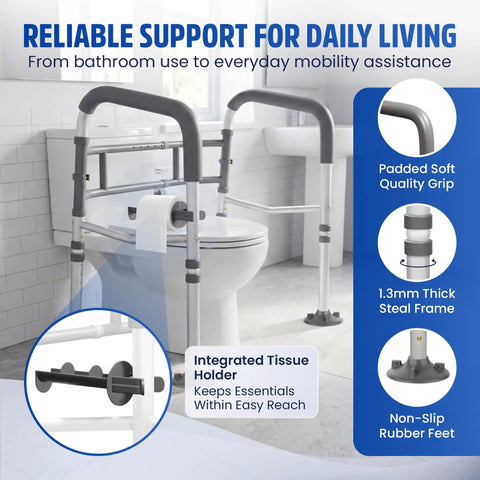 Built Tough Toilet Safety Rail Rated To 350 Pounds, Adjustable Grab Bar for Seniors and Handicap Users with integrated tissue holder.
