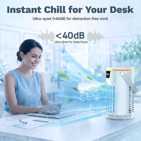 Woman using Evaporative Mini AC Fan With Ice Mist Cooler on desk next to laptop, showing airflow and cooling effect, USB powered.