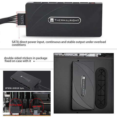 Eight Channel ARGB Fan Hub Controller for Slick PC Case Cooling with SATA power and magnetic mounting shown in multiple views