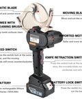 Heavy Duty Battery Operated Hydraulic Ratchet Cable Cutter For Copper And Aluminum Wire showing the static and moving blades with switches.