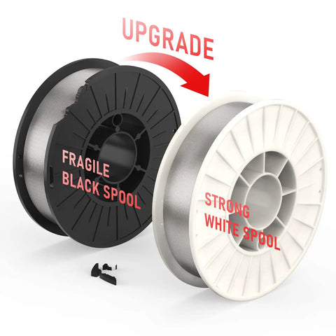 Smooth As Butter Self Shielding Flux Core Mig Wire E71t Gs for Mild Carbon Steel, showing upgrade from black to white spool.
