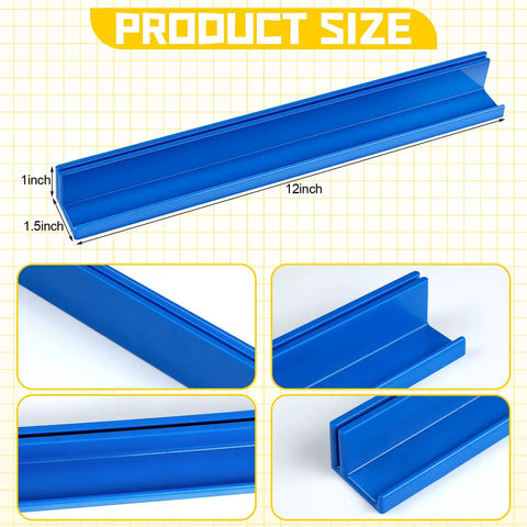Blue Classroom Desk Name Plate Holder And Index Card Organizer For Students, 12x1.5x1 inches, displayed with dimensions.
