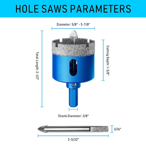Five Eighths Inch Diamond Hole Saw With Pilot Guide Drill Bit shown with dimensions and specifications for precise cutting.
