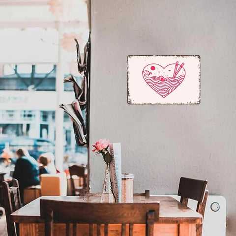 Vintage Ramen Waves Metal Sign 8x12 Tin Wall Art For Home Kitchen Bar Garage Office Decor Durable Aluminum Poster With Cool Retro Vibe Easy Mount And Long Lasting Rustic Charm displayed on a wall in a cozy cafe.