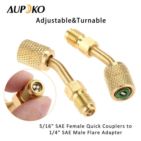 Two Pack 5/16 To 1/4 SAE Quick Couplers 45 Degree Angled Vacuum Adapter For R410A Ductless Mini Split Systems HVAC