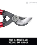 Close-up of 32 Inch Beefy MAXFORGED Steel Branch Cutter blade for heavy duty pruning, showing self-cleaning feature.