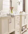 Satin Nickel Exceed Transitional Cabinet Pull Five And One Sixteenth Inch Center To Center in a modern bathroom setting