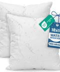 Outdoor Pillow Inserts 18 By 18 Inches Pack Of 2 White No Fuss Water Resistant Throw Pillows For Patio And Porch Furniture Durable Cushions For Garden And Outdoor Decor showing water resistance and tags