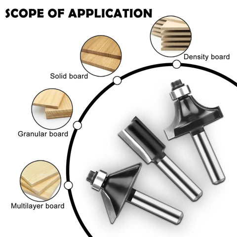 15 Piece One Quarter Inch Shank Tungsten Carbide Router Bit Set showing application on various wood types.