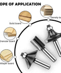 Router Bit Set One Quarter Inch Shank 30 Piece Tungsten Carbide Bits with illustrations for solid, granular, and multilayer boards.