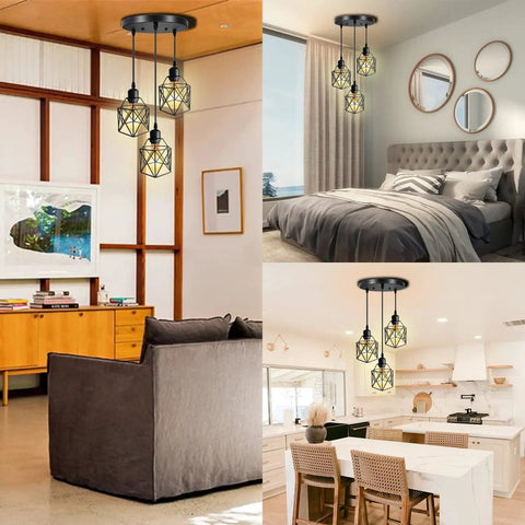 Industrial 3 Light Pendant With Adjustable Cords Vintage Farmhouse Black Metal Cage Light in various room settings