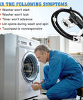 Washer Lid Lock Switch Replacement For Amana, Whirlpool, Kenmore, Maytag, Crosley Machines 110 200 500 Series Easy Install OEM Fit W10838613 W11253733 PS12704713 AP6832601 shown with washer repair symptoms and harness