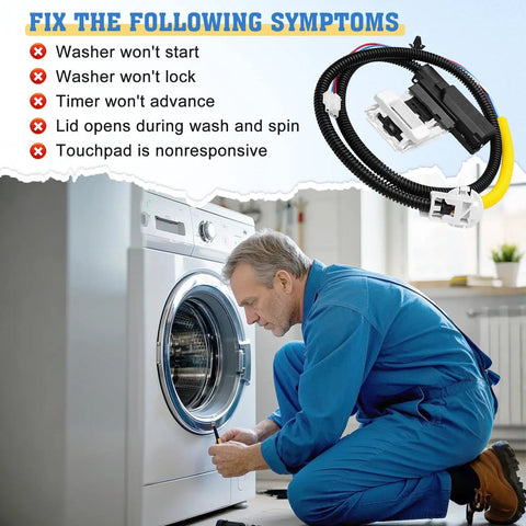 Washer Lid Lock Switch Replacement For Amana, Whirlpool, Kenmore, Maytag, Crosley Machines 110 200 500 Series Easy Install OEM Fit W10838613 W11253733 PS12704713 AP6832601 shown with washer repair symptoms and harness