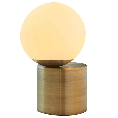 Modern Glass Globe Table Lamp With LED Bulb, Brass Finish, Off Center Milky White Glass Sphere, 7 Inch Diameter, 10 Inch Height