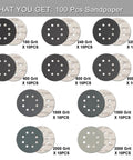 100 Pcs 5 Inch Sanding Discs Hook And Loop With 8 Holes Wet Dry Sandpaper Assortment Grits 180 to 3000 Display