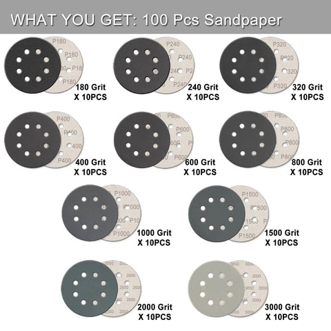 100 Pcs 5 Inch Sanding Discs Hook And Loop With 8 Holes Wet Dry Sandpaper Assortment Grits 180 to 3000 Display