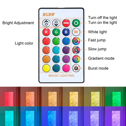 Remote control for Lit 52 Inch Slim Modern Floor Lamp With RGB Color Changing Tyvek Fabric Shade, showing color and light modes.