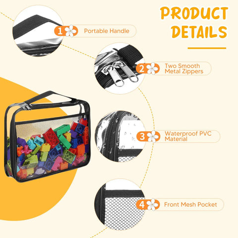 Clear See Through Toy Storage Bags 8 Pack With Zippers Portable Handle Travel Ready Organizer with colorful blocks inside