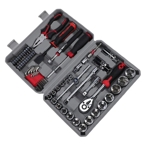 62 Piece Tool Box Set For Home Garage And DIY Projects With Metric Sockets Ratchets Wrenches Screwdriver Bits Pliers And Handy Accessories