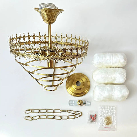 Modern Crystal Chandelier Round Gold Pendant Light Fixture components with K9 crystal parts and antique gold finish.