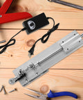 Super Cool Adjustable Linear Actuator Motor With Speed Controller Built Tough High Rigidity Aluminum Alloy Plus Stainless Steel For Micro Devices And Electric Gear Shifting Smooth Stroke Range 2 To 8cm on a wooden workbench with tools.