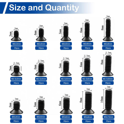 Top Shelf 525 Piece M2 M2.5 M3 Countersunk Flat Head Phillips Screw Assortment Pack Carbon Steel sizes and quantities display.