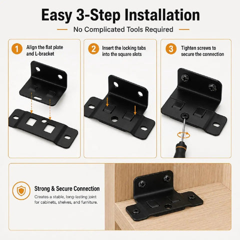 Easy 3-step installation guide for 8 Pack Stainless Steel L Shaped Corner Brackets with Screws for cabinets, drawers, and shelves