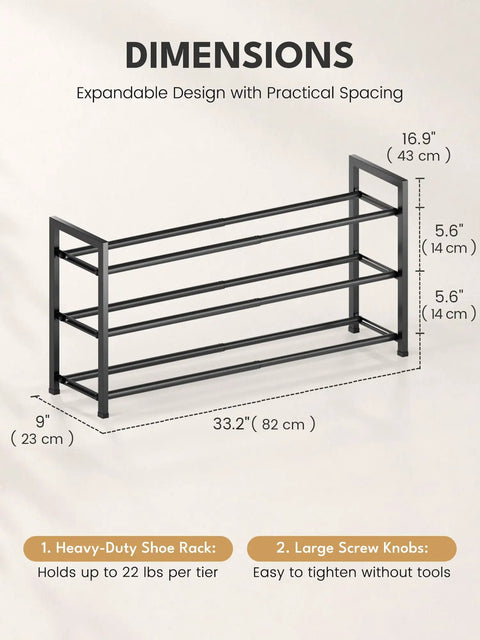 3 Tier Expandable Shoe Rack For Closet That Expands From 18 To 33 Inches To Stash 12 Pairs Of Adult Footwear Featuring No Hassle Setup And Solid Black Finish To Keep Your Space Looking Crisp And Uncluttered