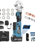 6 Ton Electric Hydraulic Crimping Tool With Dual 18V Quick Swap Batteries components including crimp dies, charger, and batteries.