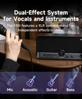 40W Touchscreen Guitar Amp With Built In Audio Separator Looper Drummer Mode pictured on a table with mic and instruments.