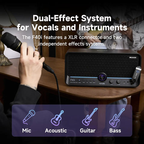 40W Touchscreen Guitar Amp With Built In Audio Separator Looper Drummer Mode pictured on a table with mic and instruments.