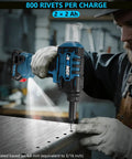 Powerful Cordless Rivet Gun Compatible With Makita 18V Battery Featuring High torque Brushless Motor And Auto riveting in use on metal surface.