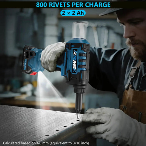Powerful Cordless Rivet Gun Compatible With Makita 18V Battery Featuring High torque Brushless Motor And Auto riveting in use on metal surface.