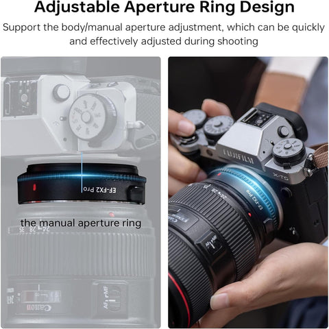 Close-up of EF to Fuji X Mount Pro Lens Adapter with Autofocus, Focal Reducer and Speed Booster on Fujifilm X-T3 camera