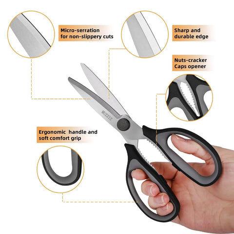 All Purpose Kitchen Scissors Workhorse Heavy Duty Stainless Steel Shears That Come Apart For Easy Cleaning With Soft Comfort Grip Handles 8.3 Inch Black Ultra Sharp Serrated Blades For Meat Fish Herbs And Food Prep, black handle close-up