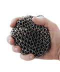 Person holding a Cast Iron Scrubber With Stainless Chainmail And Silicone Center, Food Safe And Rust Resistant, 304 Stainless Cleaner.