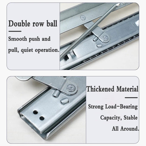 Heavy Duty Soft Close Drawer Slides Featuring Ball Bearings For Concealed Side Mount Extension On Desks And Cabinets Built Like A Tank Rock Solid Cold Rolled Steel Storage Setup Pair with double row ball and thickened material.