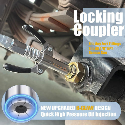 Installed side view of PAIGOIN 8000 PSI pistol-grip grease gun attached to a vehicle zerk fitting.