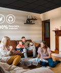 Smooth Black Drop Ceiling Tile 2x2 Foot PVC in living room with family, highlighting fire rated and waterproof features for modern upgrade.