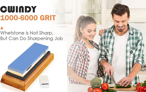 Dual Sided Whetstone Knife Sharpener Kit 1000/6000 Grit with Non Slip Base shown with couple in kitchen preparing vegetables