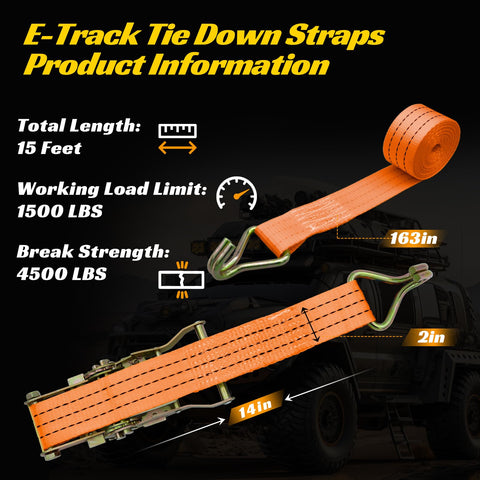 Beefy 2 Inch Ratchet Straps 15 Foot, 6 Pack, 4500 Lbs Break Strength, Tie Down Straps With J Hooks For Trucks, Orange.