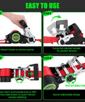 Heavy Duty Self Retracting Ratchet Straps No Sweat One Touch Retraction Quick Release Side Button For Truck Cargo Tie Downs Heavy Load Premium Hardware instructional steps showing usage and tension adjustment.