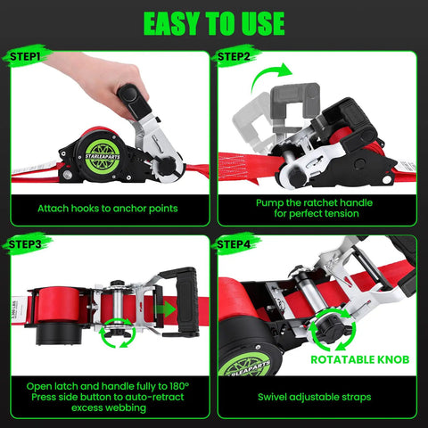 Heavy Duty Self Retracting Ratchet Straps No Sweat One Touch Retraction Quick Release Side Button For Truck Cargo Tie Downs Heavy Load Premium Hardware instructional steps showing usage and tension adjustment.