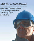 Person wearing Stealth Safety Goggles With Gray HydroShield Anti Fog Lens And Neoprene Headband For All Day Comfort And Fog Free Vision