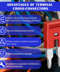 20 Pack 2 Pole DIN Rail Terminal Block Jumpers for DK2.5N and DK2.5N-BL, red jumper with press-fit connector next to benefits list.