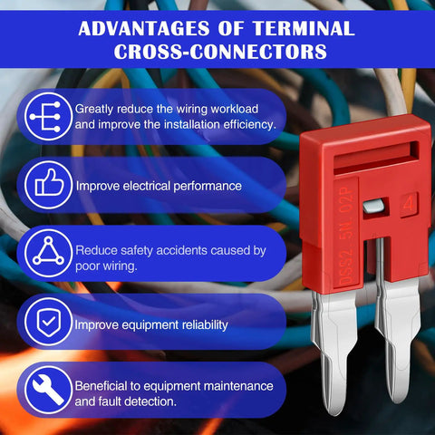 20 Pack 2 Pole DIN Rail Terminal Block Jumpers for DK2.5N and DK2.5N-BL, red jumper with press-fit connector next to benefits list.