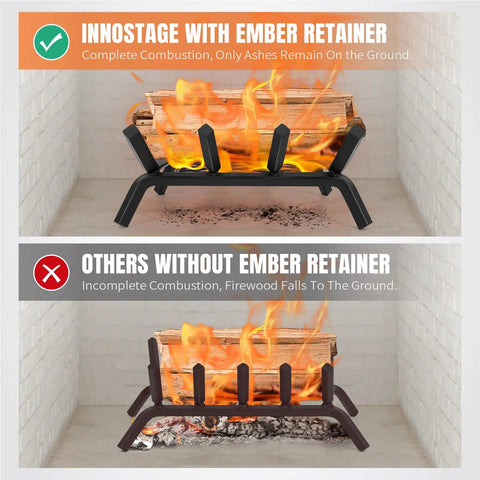 14 Inch Fireplace Log Grate With Ember Retainer Heavy Duty Steel Firewood Rack comparison showing ember retention.