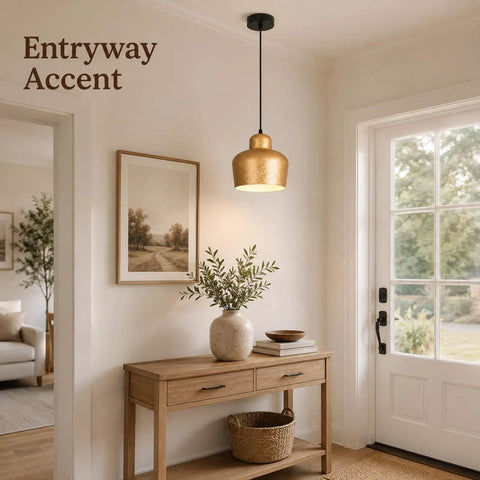 efperfect 7.5 in Gold Pendant Light Fixture, Modern Kitchen Island Lighting above an entryway table with decorative items.