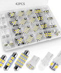 42 Piece Interior Car Light Kit With Lit White LEDs, Includes T10 31mm 36mm 41mm Bulbs And 194 LED Modules, visible in a display case