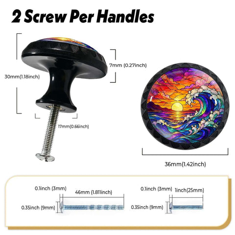 4 Pack Ocean Sunset Stained Glass Cabinet Knobs showing knob dimensions and screws